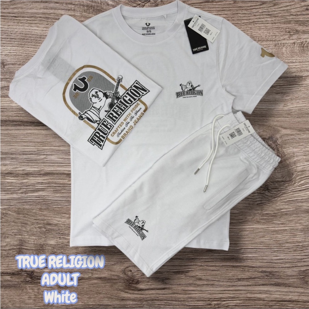 True Religion White Logo Tee and Shorts Set with Gold Accent